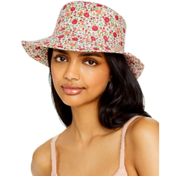 Aqua Floral Print Bucket Hat Red Pink Orange Flowers 100% Cotton Made in Italy - Picture 1 of 2